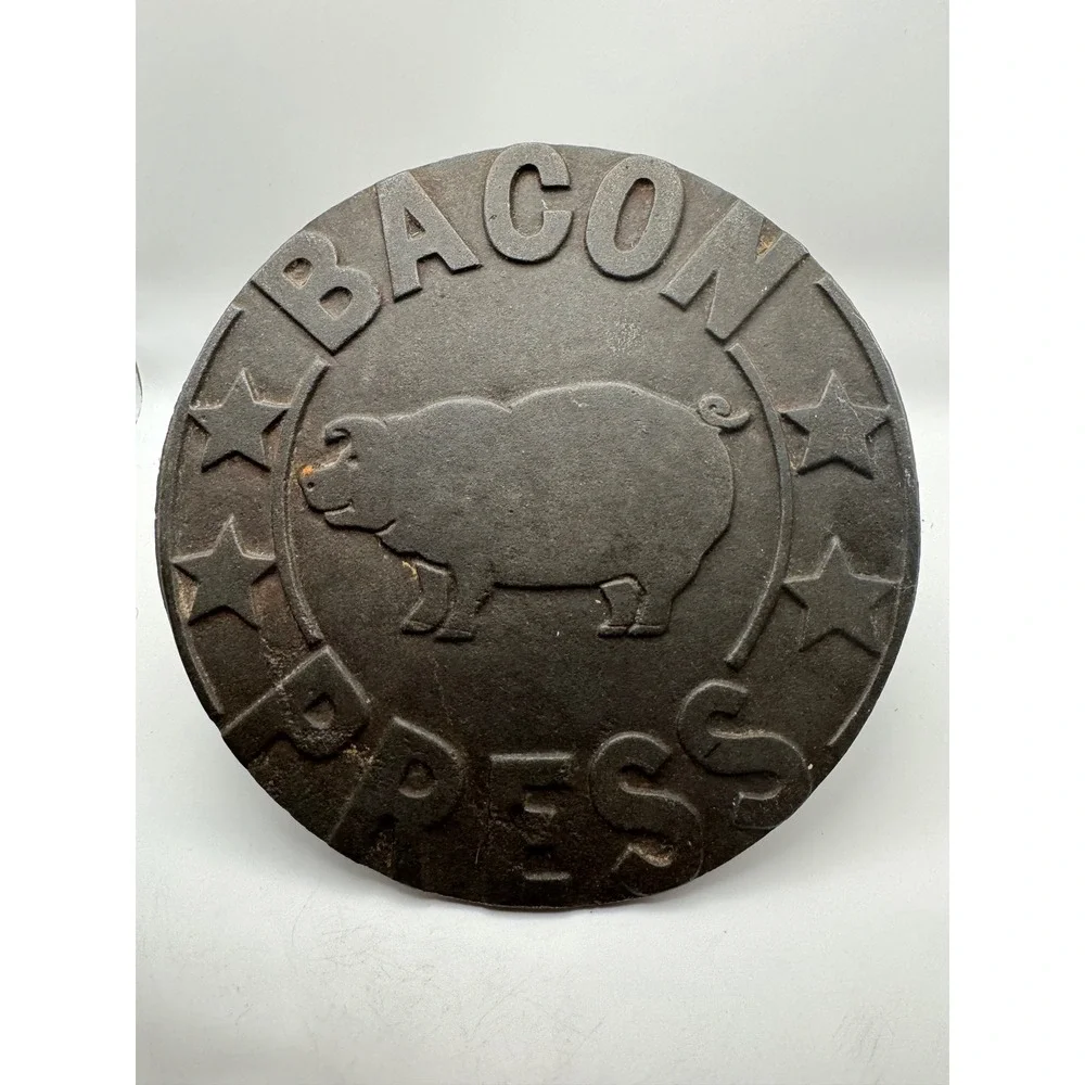 Vintage Cast Iron Bacon Press Pig Stars Embossed‎ Wood Handle Kitchen Tool